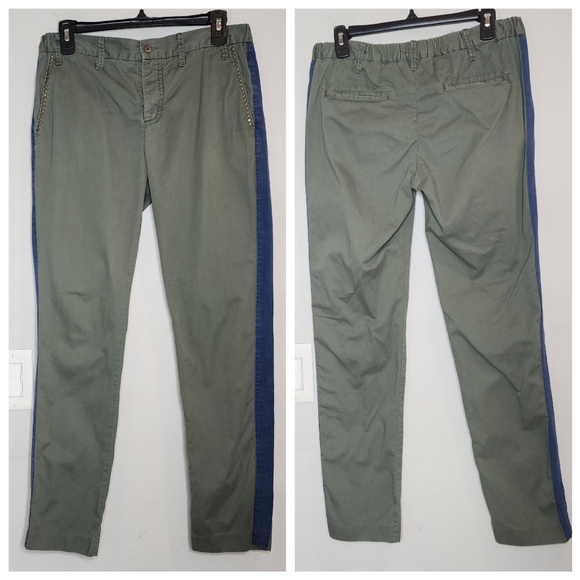 Zadig & Voltaire Stud Pomelo Green Blue Stripe Side Button Fly Cotton Pants Sz M - Picture 1 of 16